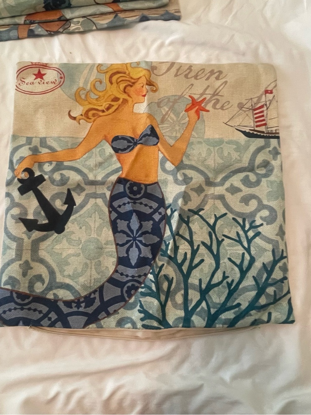 Vintage Beach Burlap Tropical 4 Mermaid Square 17 x 17.5 in Pillow cover - Picture 6 of 9